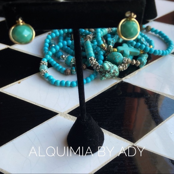 Western luxury studs colorful gold and turquoise statement earrings - Picture 3 of 5